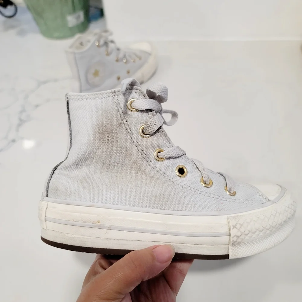 Converse Girls Platform High Top Sneakers Light Blue Size 12 Gold Eyelets
